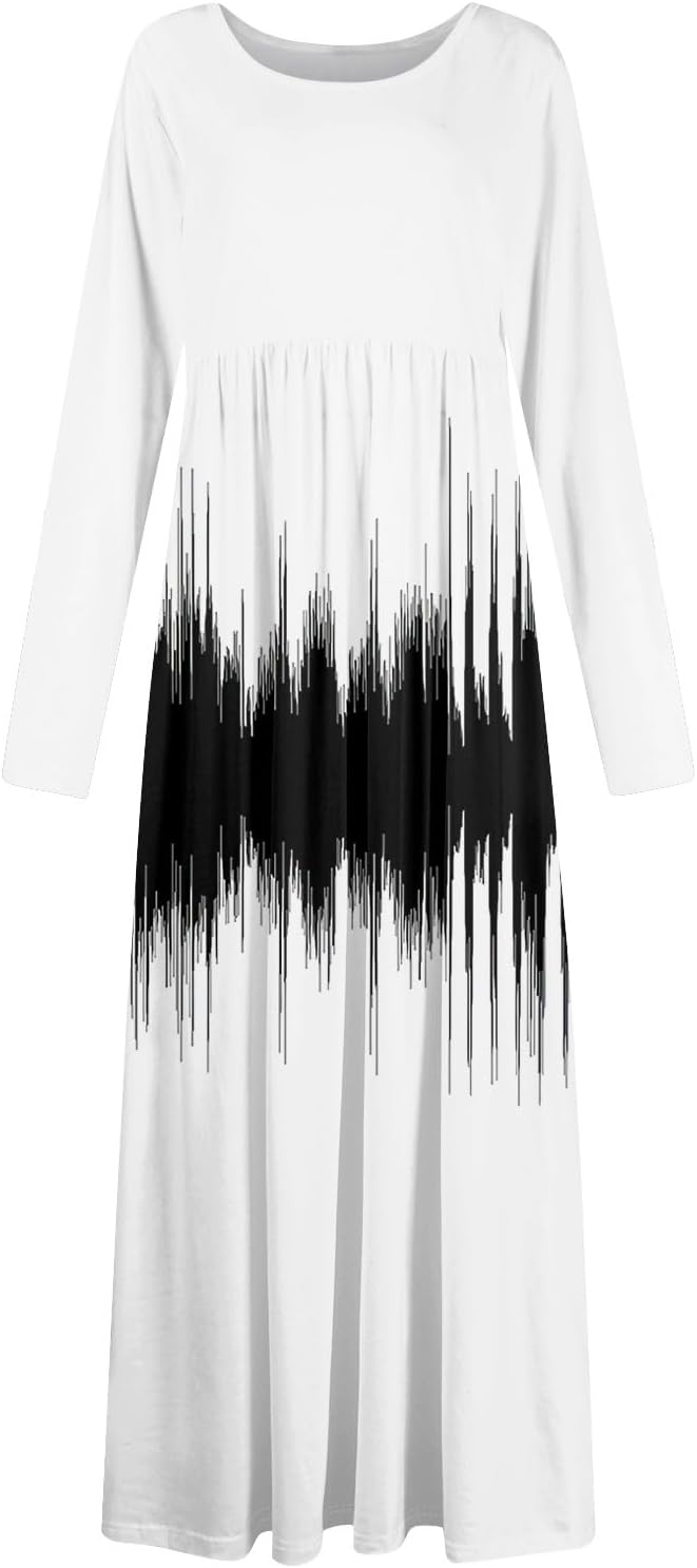 Long Sleeve Maxi Dress for Women Elegant Crew Neck Flowy Swing Dresses Solid Color Wedding Guest Dresses