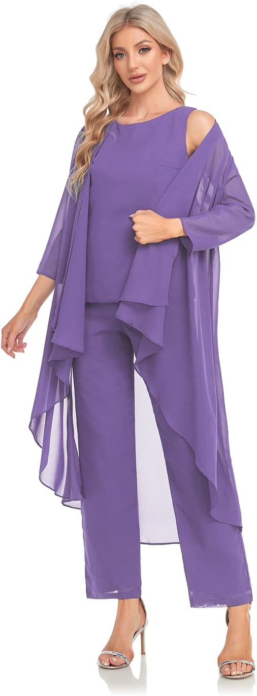 Women's 3 Pieces Chiffon Mother of The Bride Dress with Jacket Chiffon Formal Evening Dresses