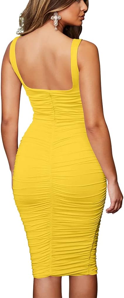 BEAGIMEG Women's Sexy Tank Top Bodycon Ruched Sleeveless Basic Midi Party Dress
