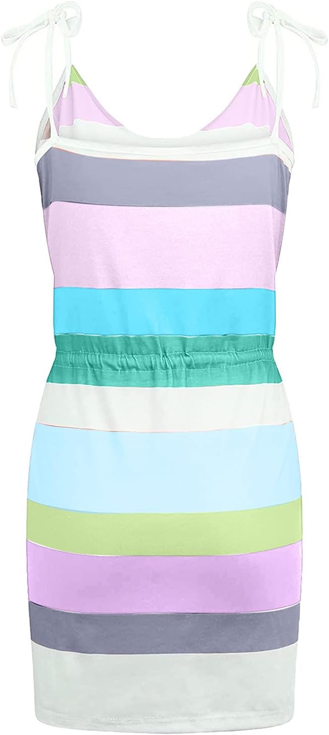 Women Summer Casual Striped Dress Drawstring Waist Tie Knot Mini Dresses Short Sleeve V Neck Tank Dress with Pocket