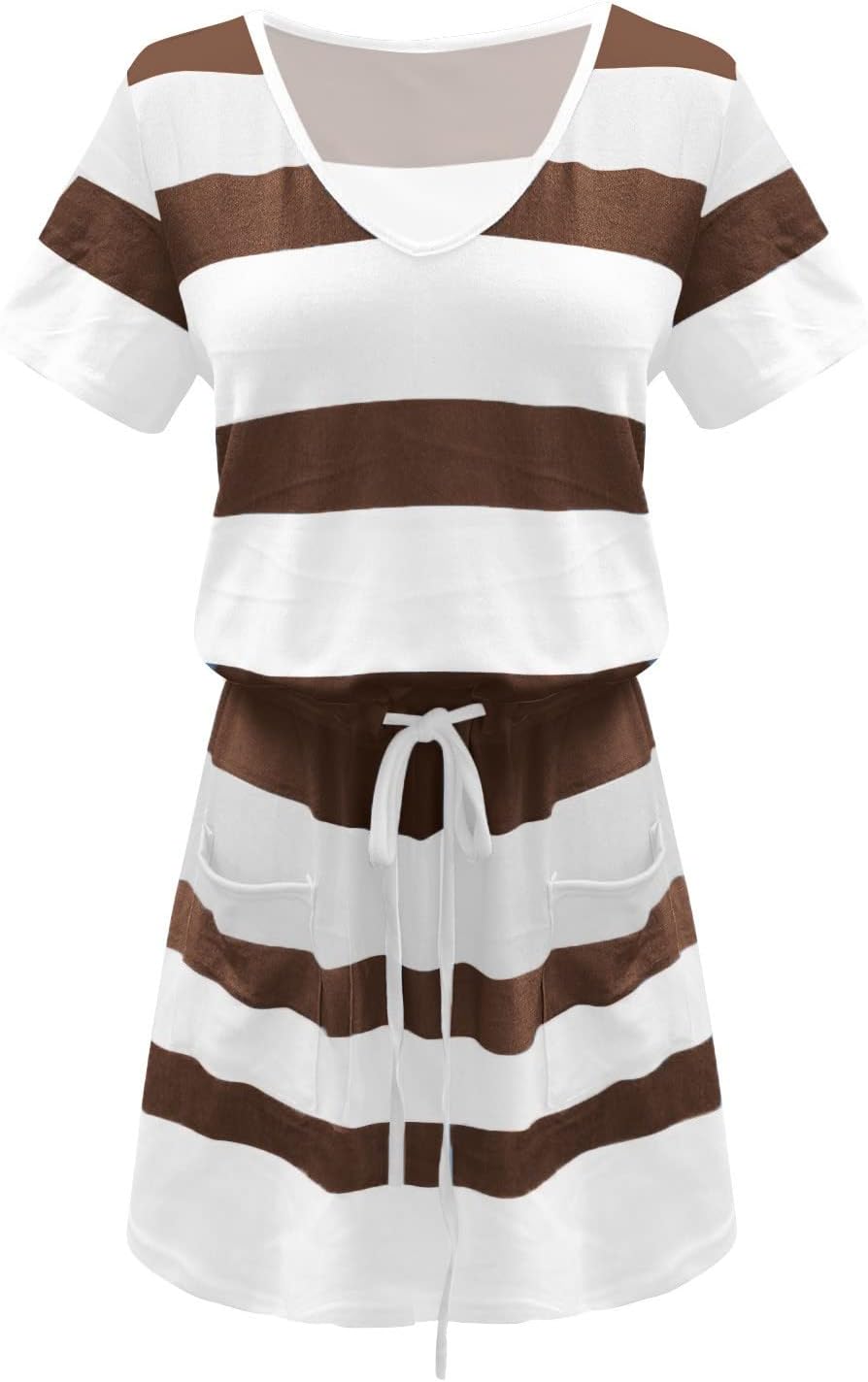 Women Summer Casual Striped Dress Drawstring Waist Tie Knot Mini Dresses Short Sleeve V Neck Tank Dress with Pocket