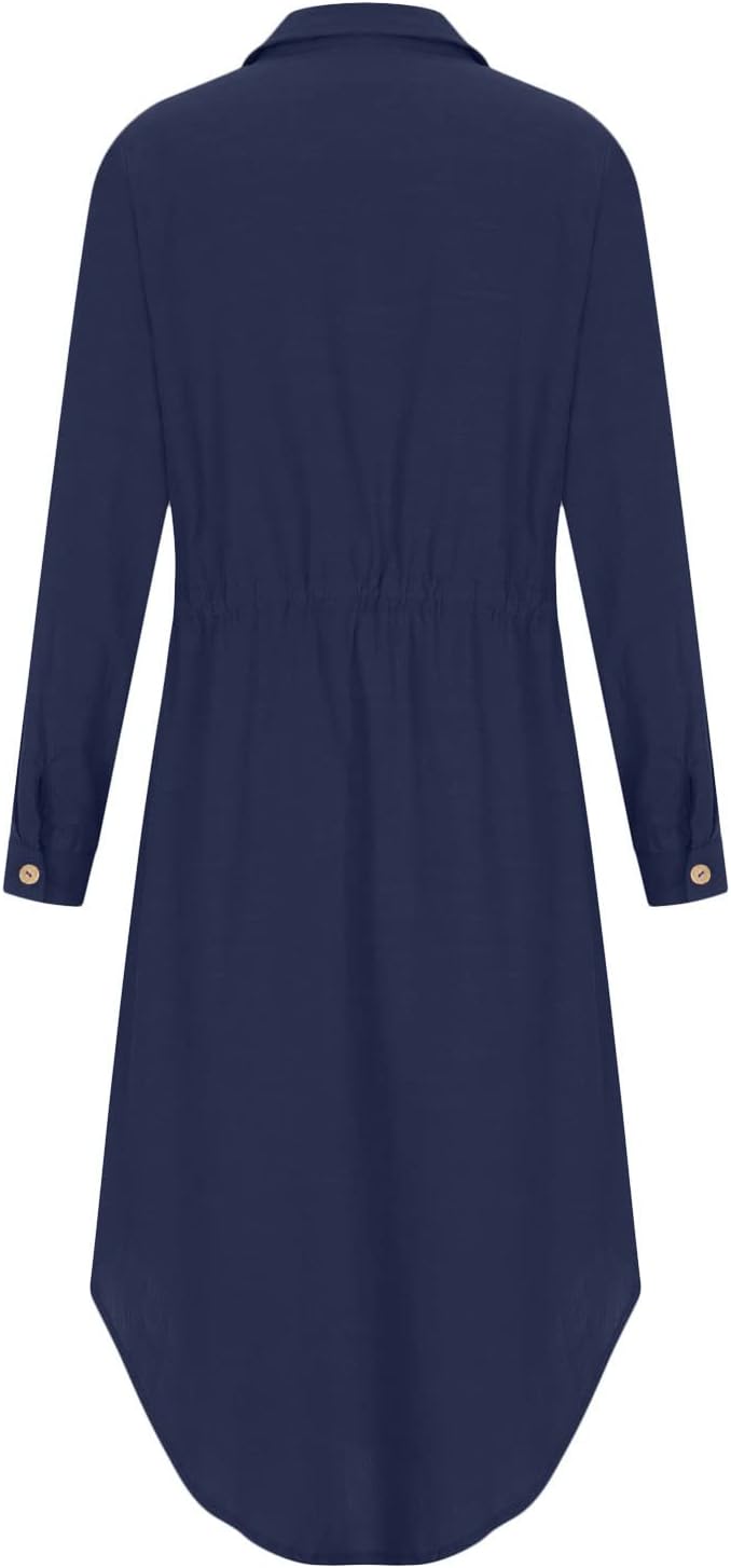 Women's Maxi Shirt Dresses Solid Cotton Linen Button Lapel Long Sleeves Summer Irregular Hem Daily Casual Sundress