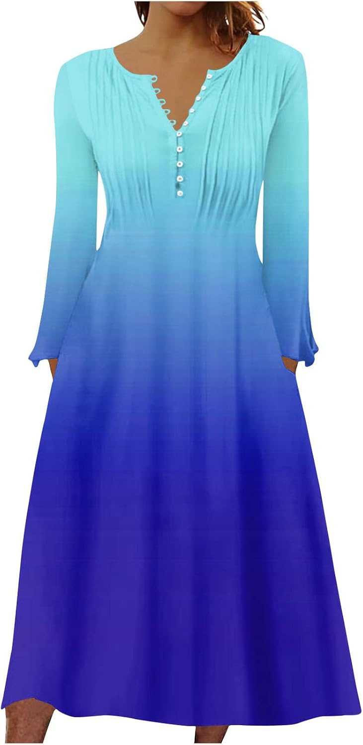 DOPOCQ Fall Women Dresses 2023 Long Sleeve V Neck Plus Size Maxi Dress Boho Dress High Waisted A-Line Dress with Pocket