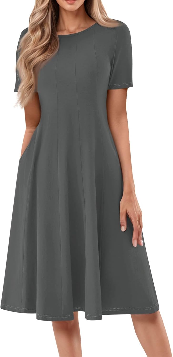 Summer Dresses for Women 2025 Crew Neck Short Sleeve Boho Beach Vacation Floral/Solid Midi Sundresses with Pockets