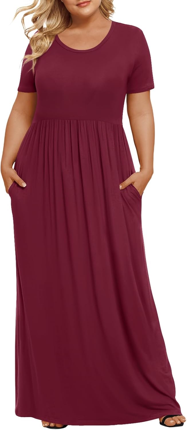 LONGYUAN Women's Plus Size Maxi Dresses for Curvy Women Summer Short Sleeve Casual 2025 Long Dress XL-6XL
