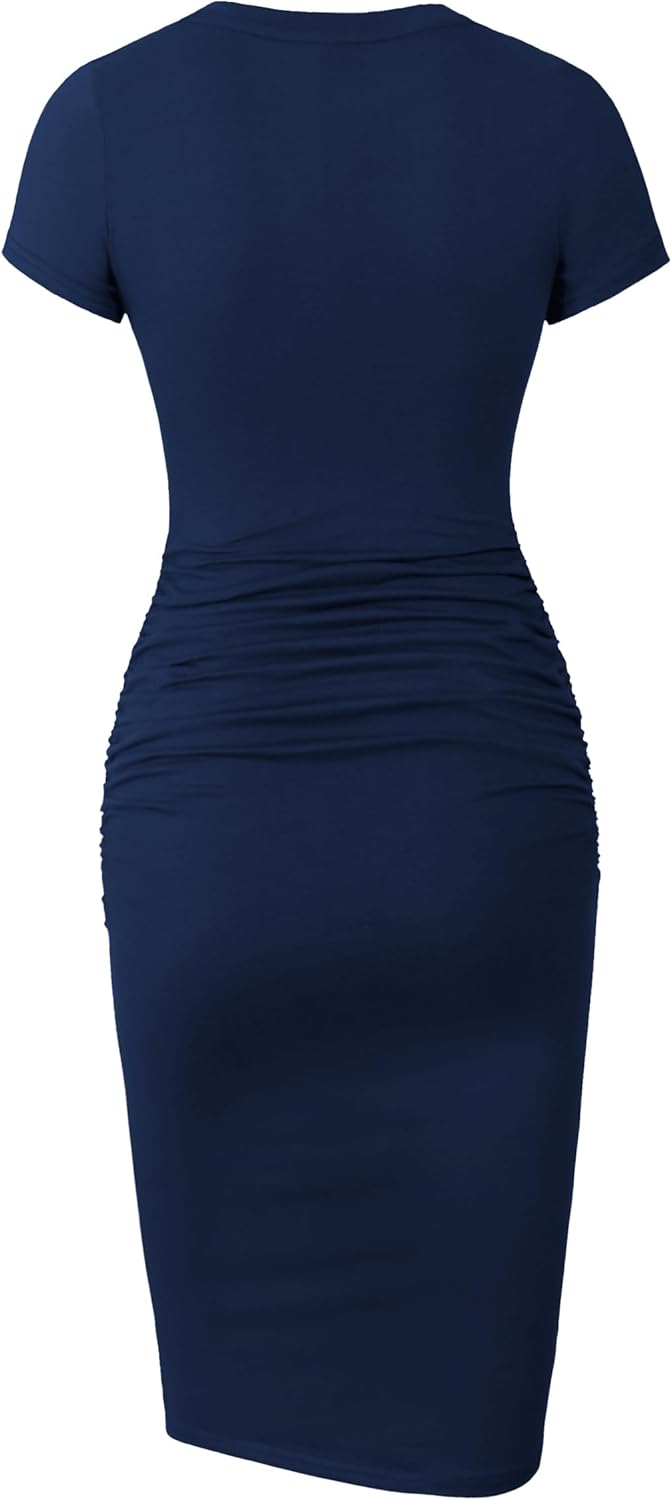 Missufe Women's Short Sleeve Ruched Casual Sundress Midi Bodycon T Shirt Dress
