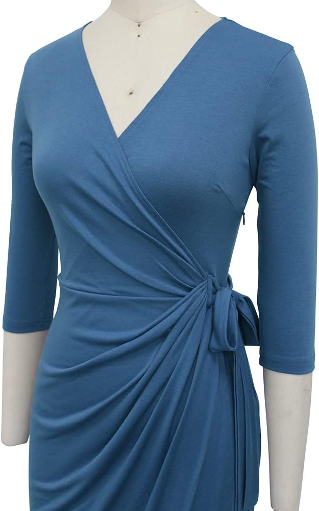 Berydress Women's Classic 3/4 Sleeve V Neck Sheath Casual Party Work Faux Black Wrap Dress