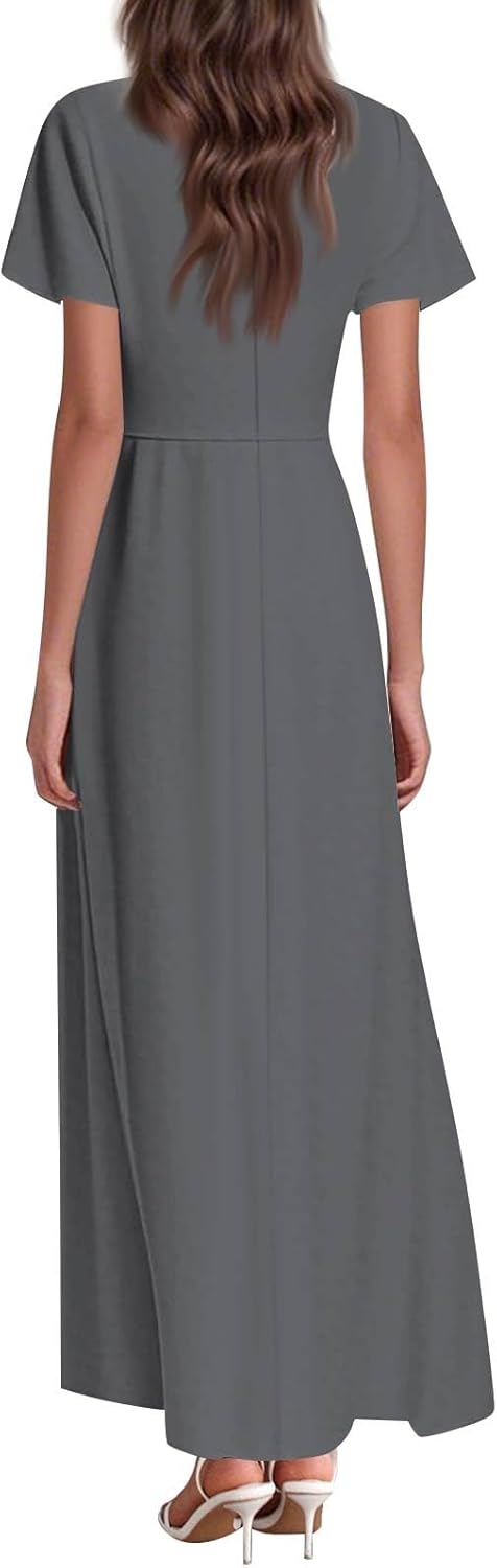 Womens Fashion V Neck Ruffle Short Sleeve Maxi Dress 2025 Summer Elegant Solid Color Flowy A Line Dresses