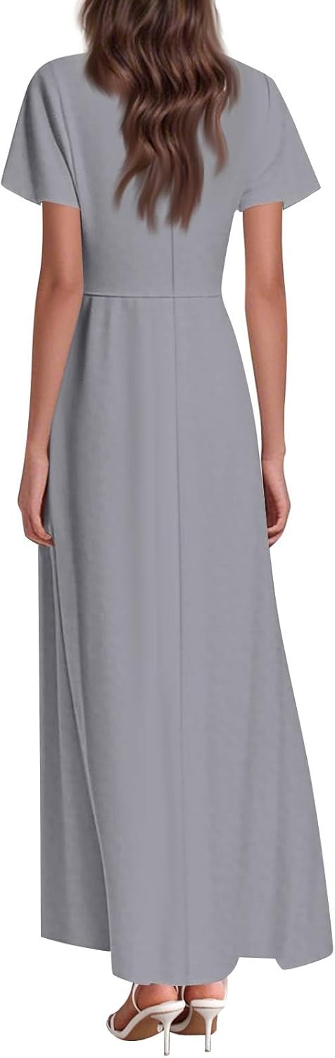 Womens Fashion V Neck Ruffle Short Sleeve Maxi Dress 2025 Summer Elegant Solid Color Flowy A Line Dresses