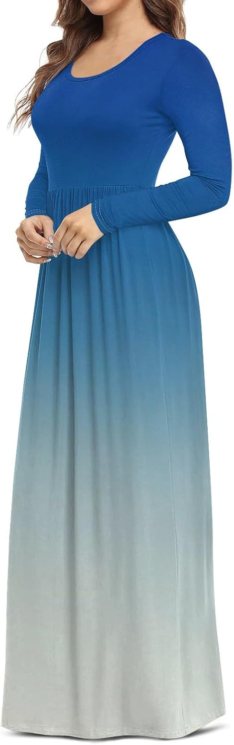 Long Sleeve Maxi Dress for Women Elegant Crew Neck Flowy Swing Dresses Solid Color Wedding Guest Dresses