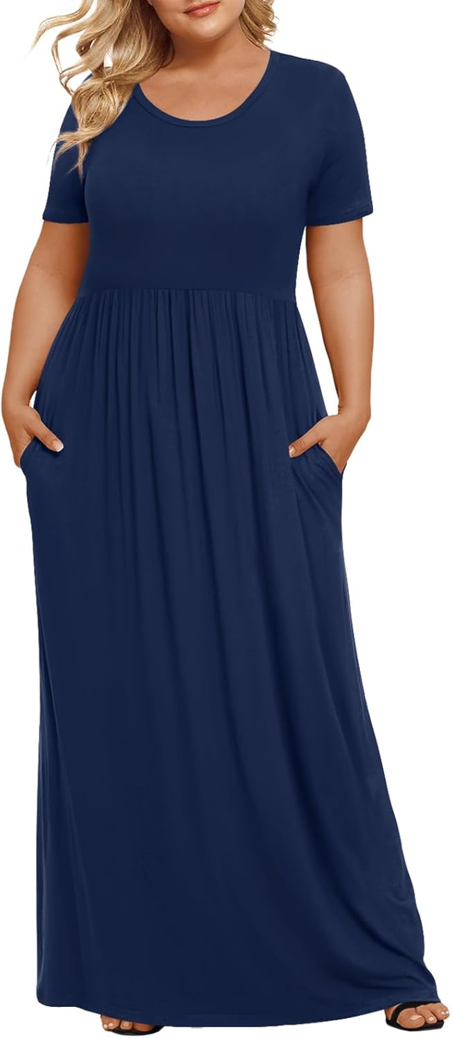 LONGYUAN Women's Plus Size Maxi Dresses for Curvy Women Summer Short Sleeve Casual 2025 Long Dress XL-6XL