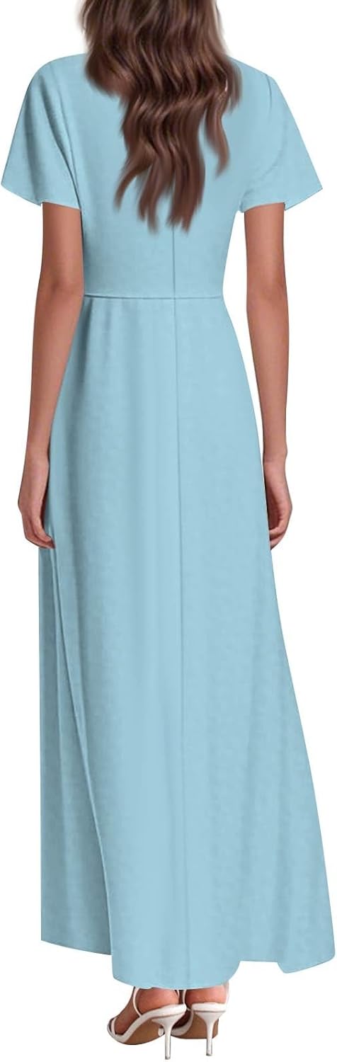 Womens Fashion V Neck Ruffle Short Sleeve Maxi Dress 2025 Summer Elegant Solid Color Flowy A Line Dresses
