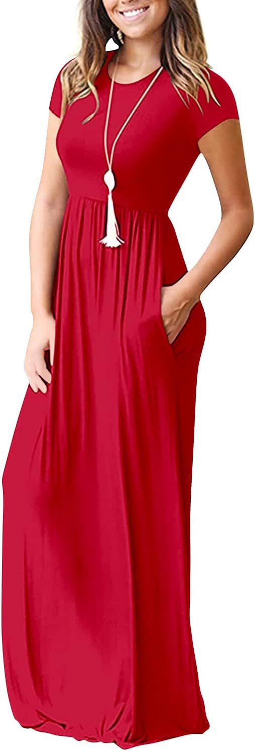 DEARCASE Maxi Dress for Women Short Sleeve Casual Summer Loose Plain Comfy Long Dresses with Pockets