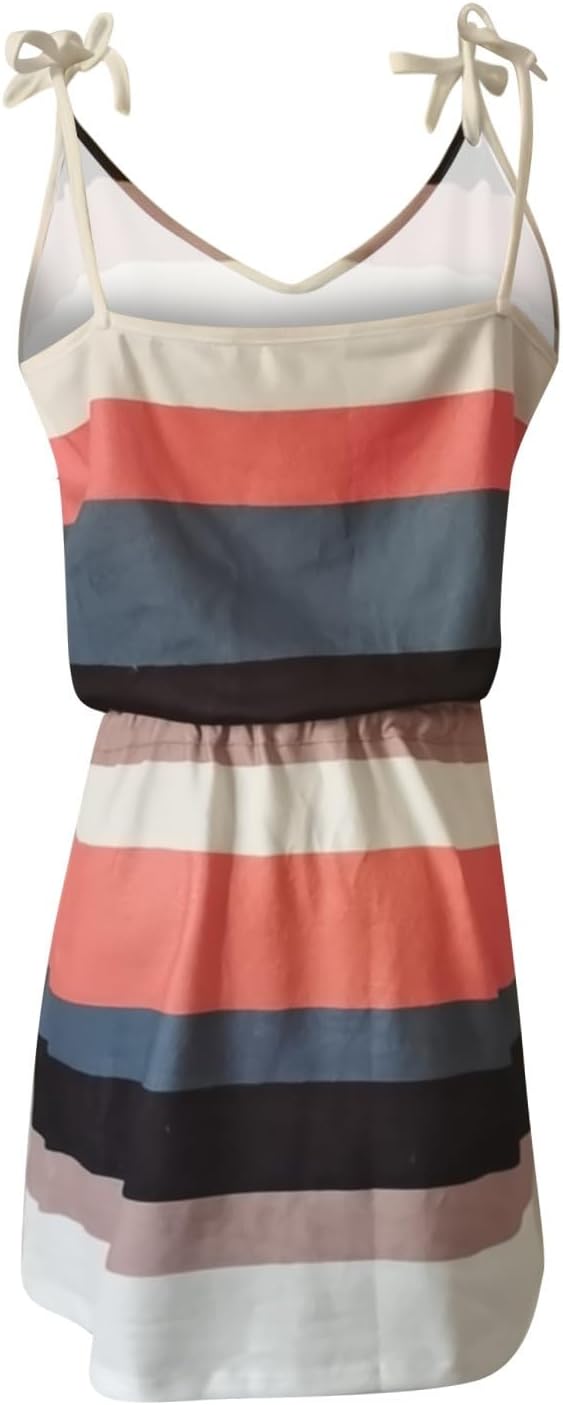 Women Summer Casual Striped Dress Drawstring Waist Tie Knot Mini Dresses Short Sleeve V Neck Tank Dress with Pocket