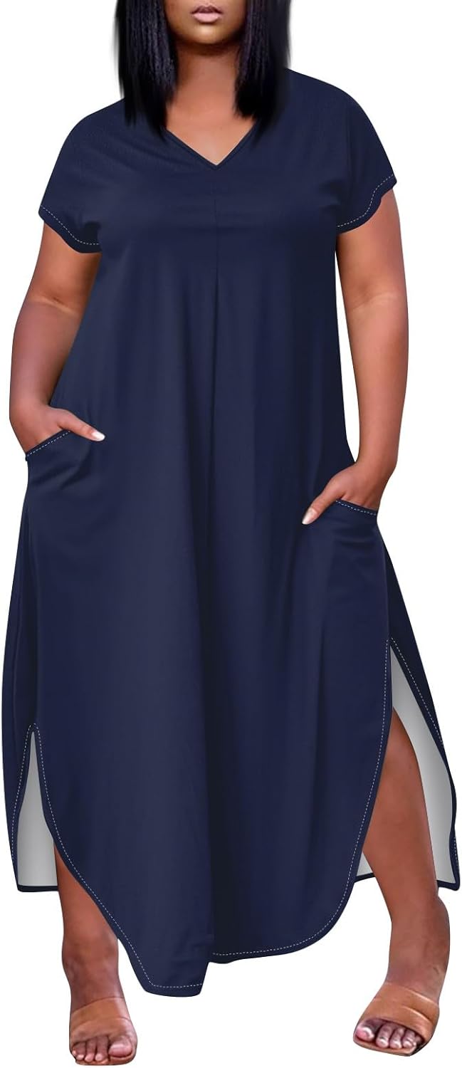Maxi Dresses for Women 2025 Plus Size Tie Dye V Neck Dress Short Sleeve Side Split Beach Summer Sundress with Pocket