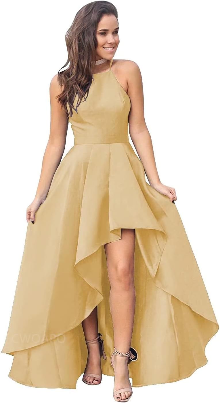 CWOAPO Halter High Low Bridesmaid Dress Evening Dress Satin Homecoming Dresses A Line Cocktail Gowns with Pockets