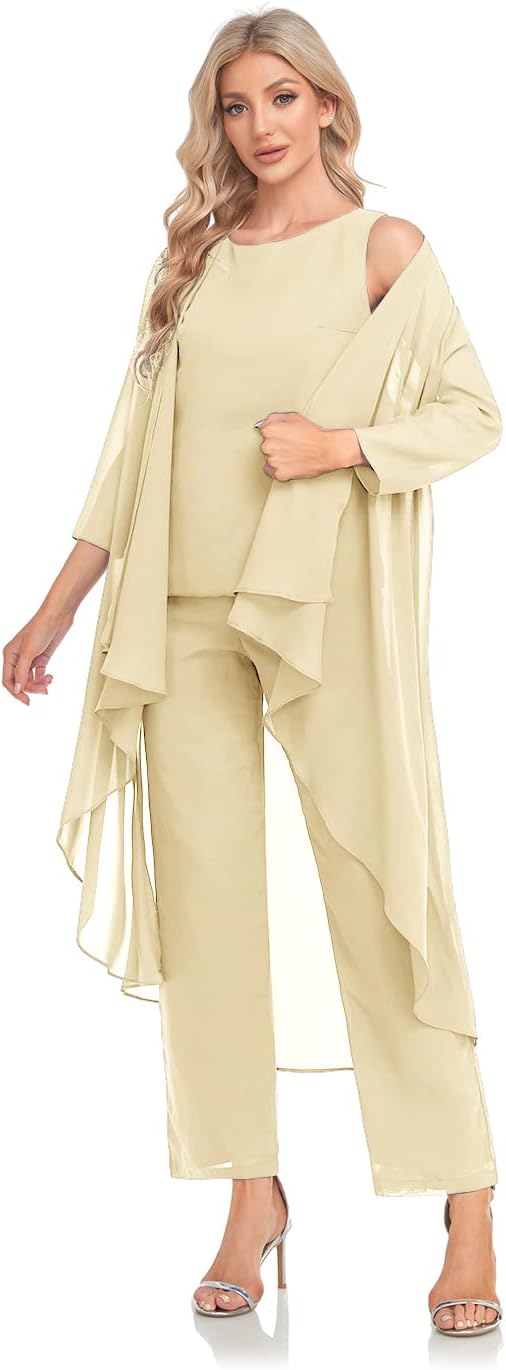 Women's 3 Pieces Chiffon Mother of The Bride Dress with Jacket Chiffon Formal Evening Dresses