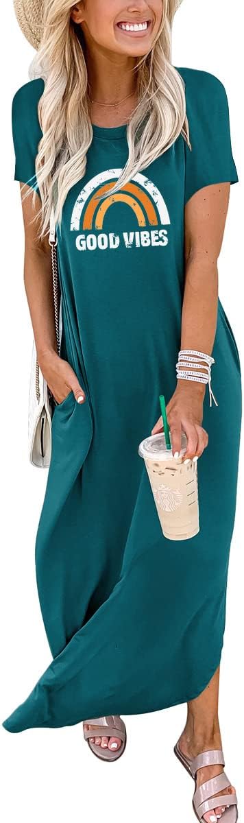 ANRABESS Women's Summer Casual Loose Short Sleeve Long T Shirt Dress Split Maxi Beach Sundress Travel Vacation Outfits
