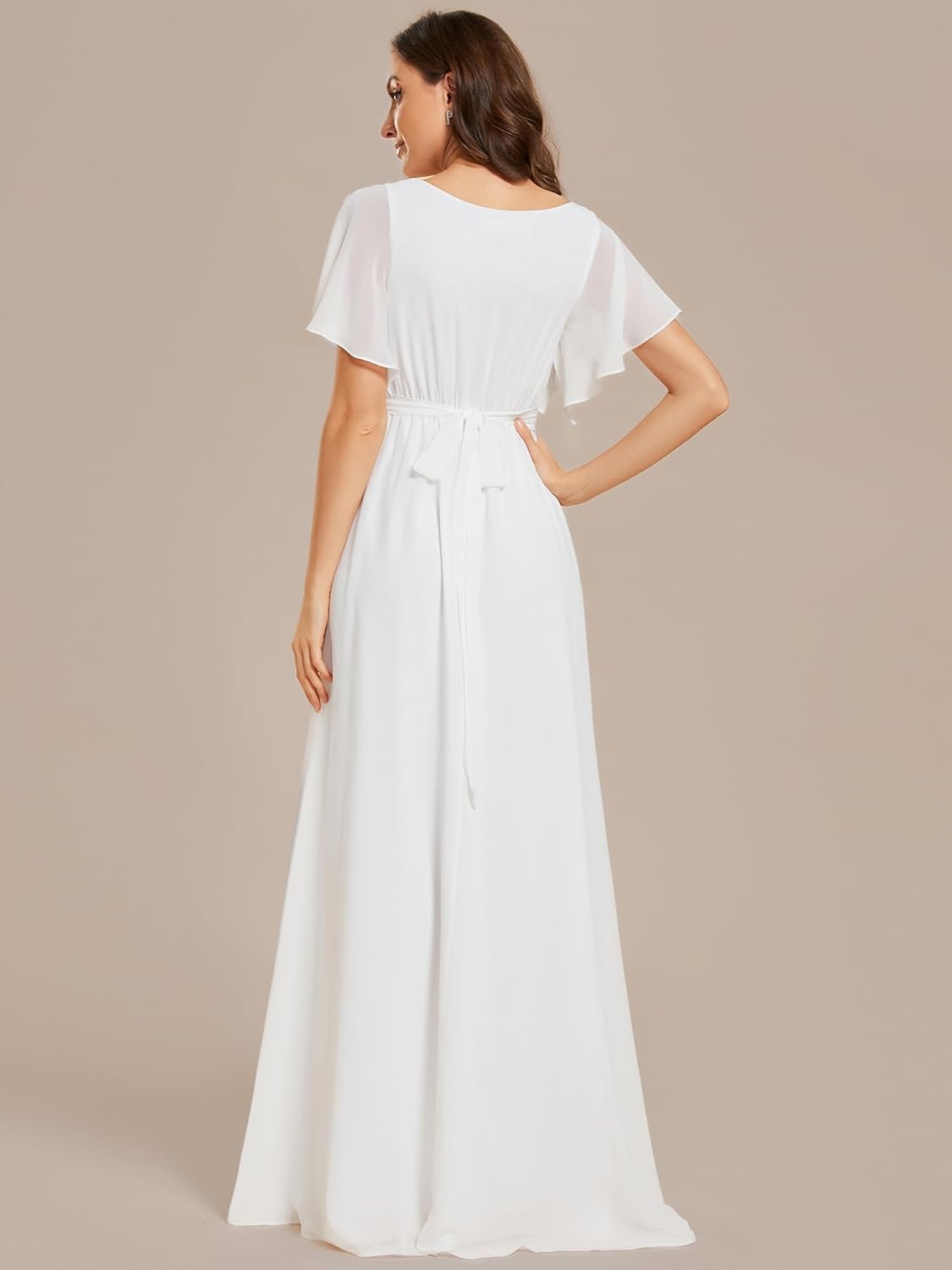 Ever-Pretty Women's Bridesmaid Dress V-Neck Ruffle Sleeves Ruched Bust Floor Length Chiffon Formal Dresses 0164A