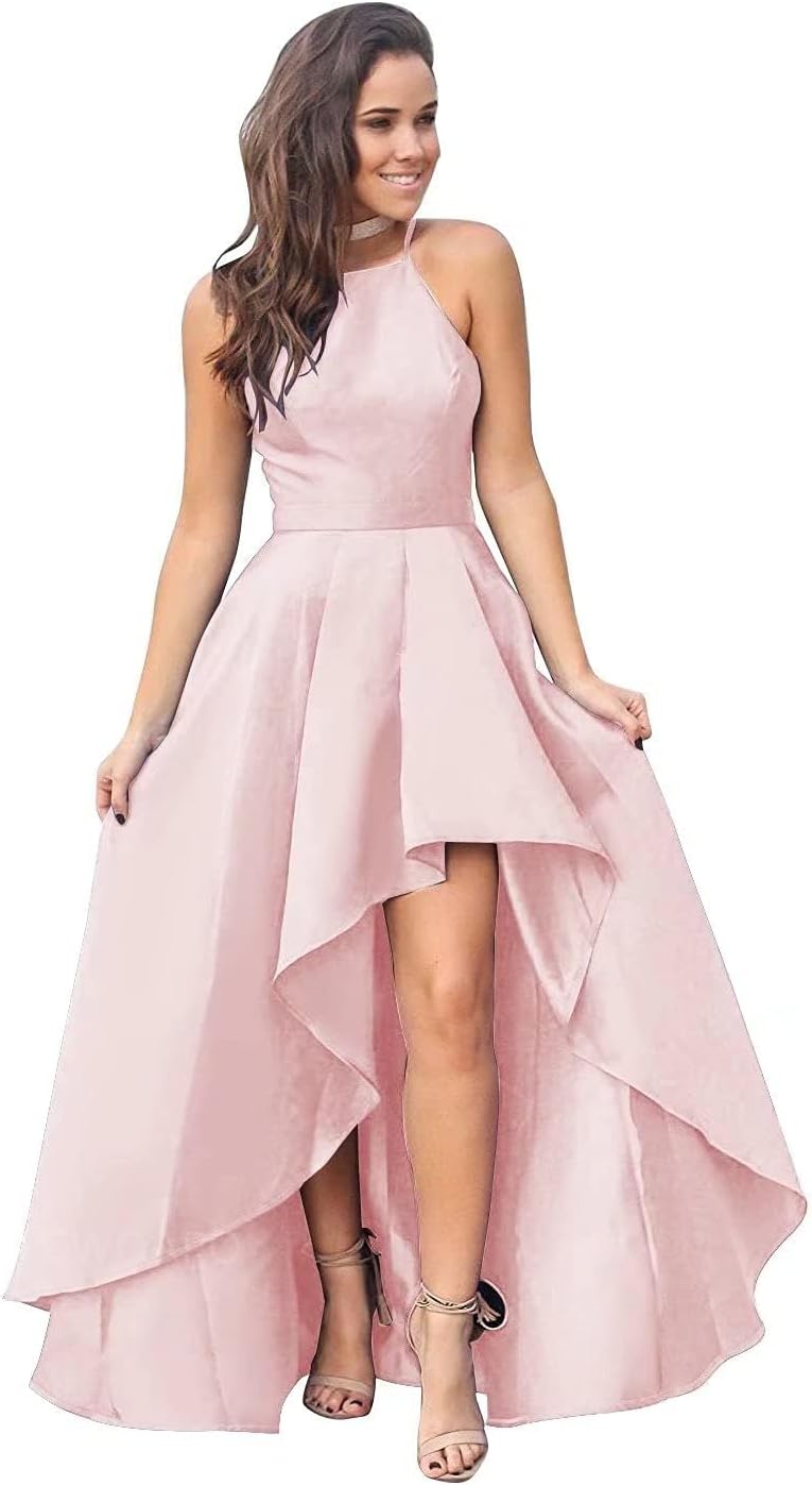 CWOAPO Halter High Low Bridesmaid Dress Evening Dress Satin Homecoming Dresses A Line Cocktail Gowns with Pockets