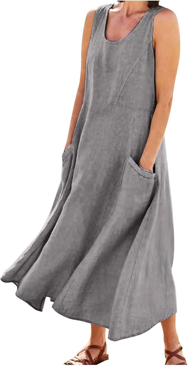Women's Casual Sleeveless Dresses, Cotton Linen Pocket Dresses Summer Dresses for Women 2024 Sundresses Beach Dress