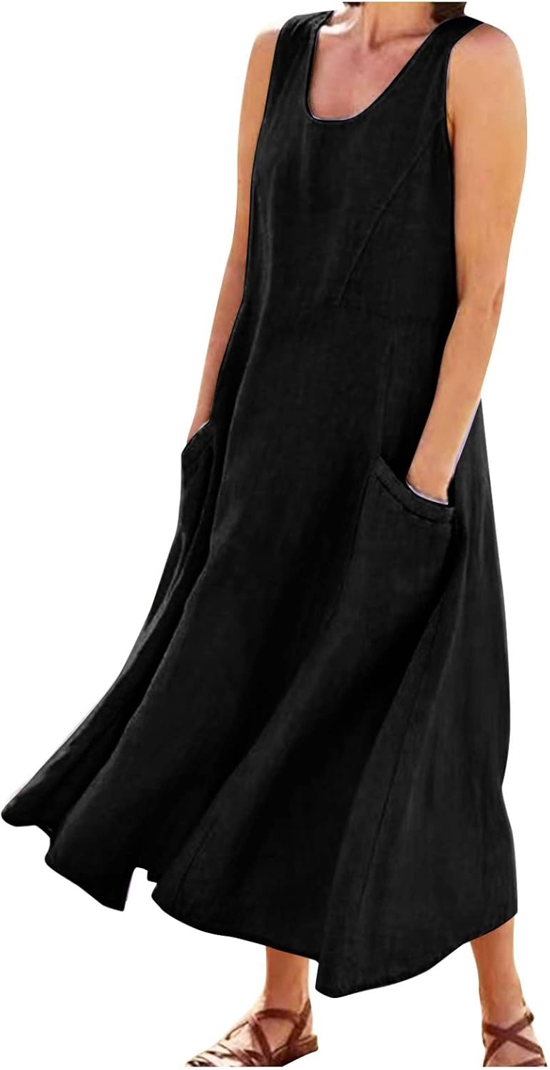 Women's Casual Sleeveless Dresses, Cotton Linen Pocket Dresses Summer Dresses for Women 2024 Sundresses Beach Dress