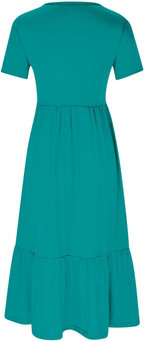 XUNRYAN Summer Dresses for Women 2024 Casual Calf Length Maxi Dress Pleated Flowy Tiered Swing Beach Sundress with Pockets