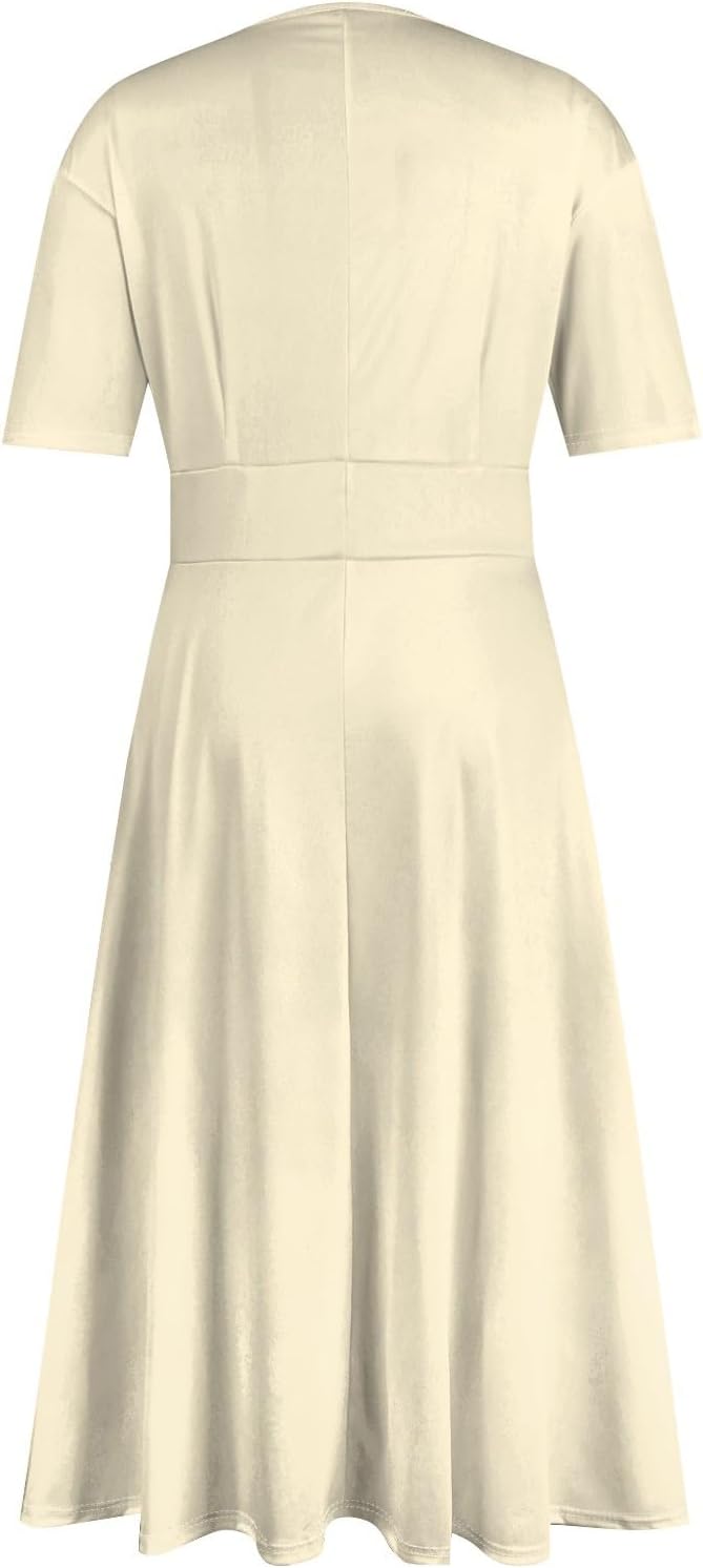 Women's Summer Elegant Cocktail Dress Solid Color Swing V-Neck Party Gown Dresses, S-2XL