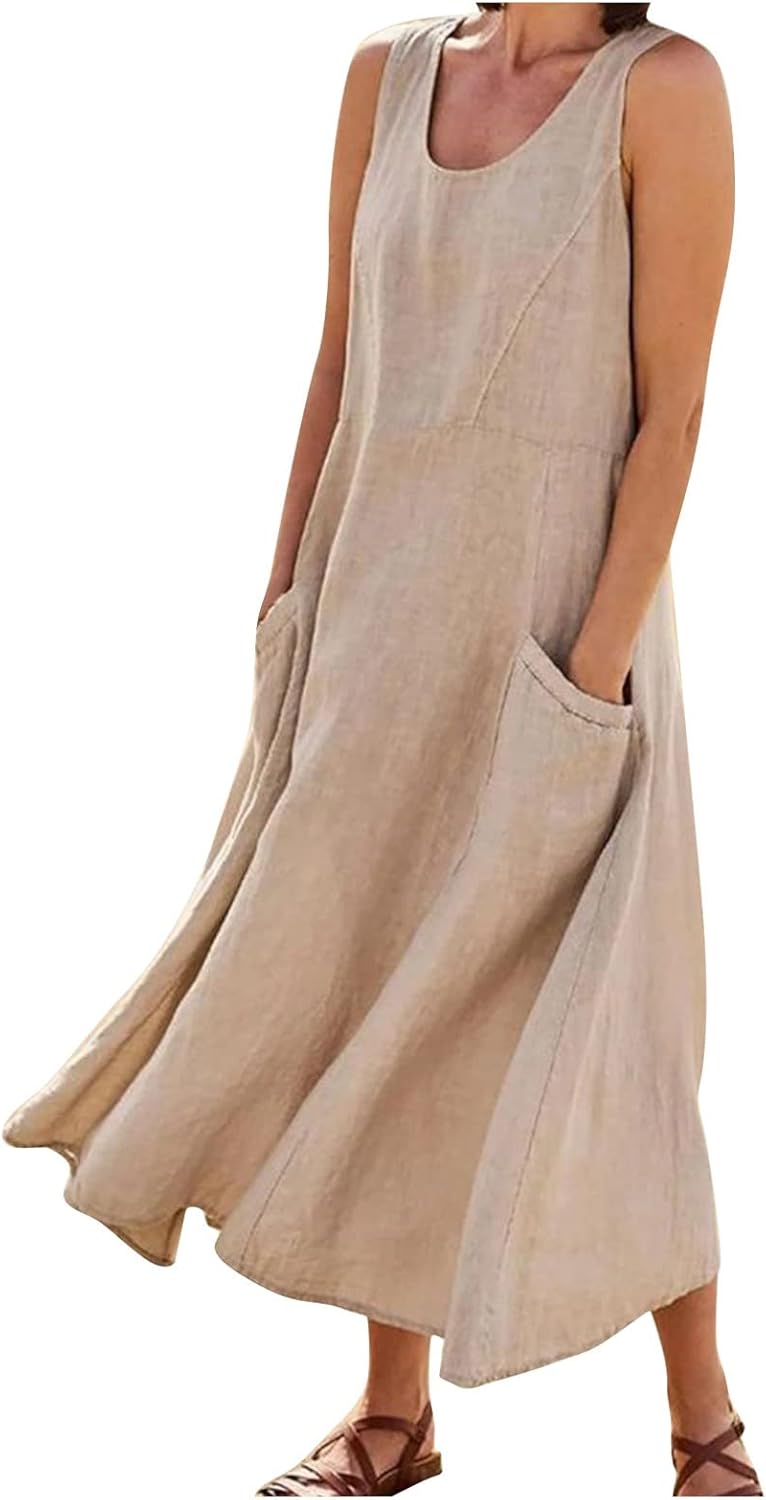 Women's Casual Sleeveless Dresses, Cotton Linen Pocket Dresses Summer Dresses for Women 2024 Sundresses Beach Dress
