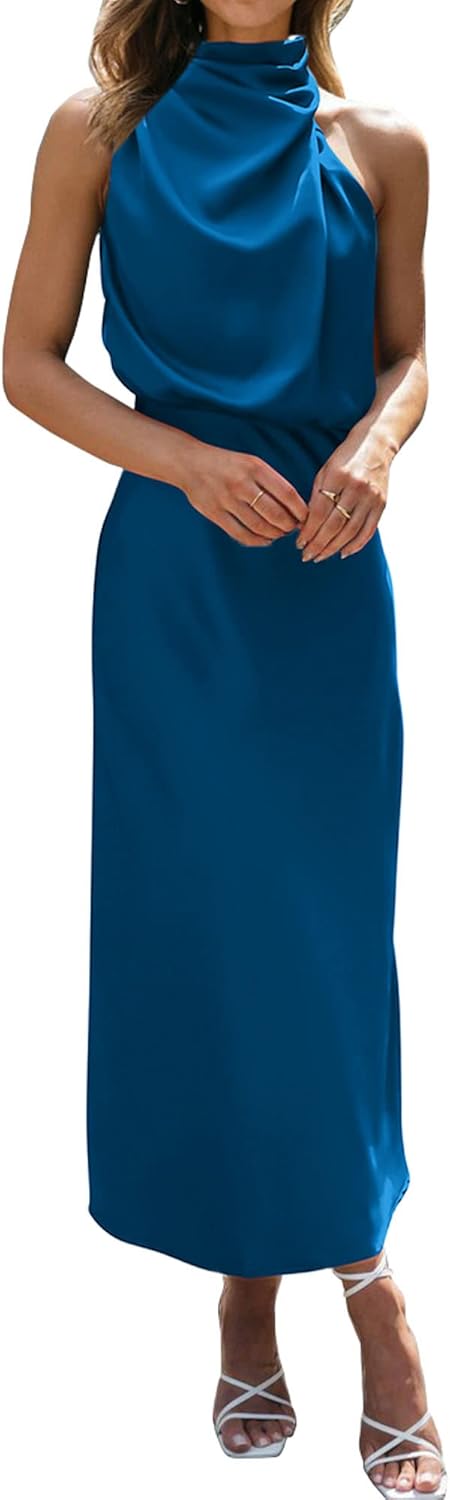 BTFBM Womens Sleeveless Cocktail Dresses Mock Neck Keyhole Elastic High Waist Evening Party Maxi Wedding Guest Dress