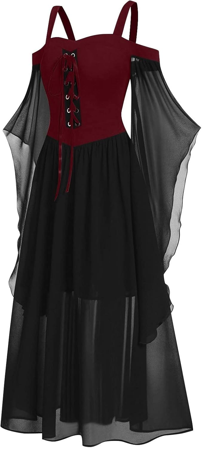Women Casual Cold Shoulder Dress Solid Color Lace Butterfly Sleeve Halloween Retro Cocktail Party Gothic Prom Dress