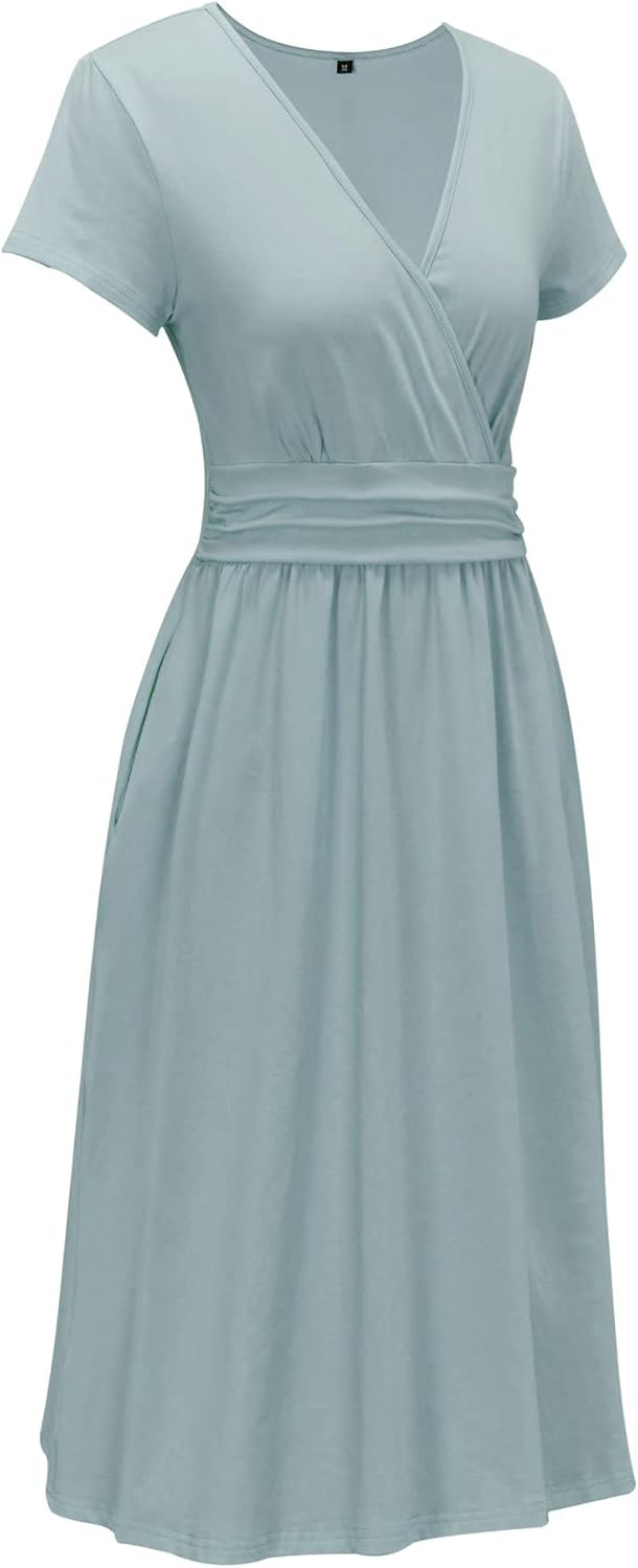 OUGES Women's Summer Short Sleeve V-Neck Floral Short Party Dress with Pockets