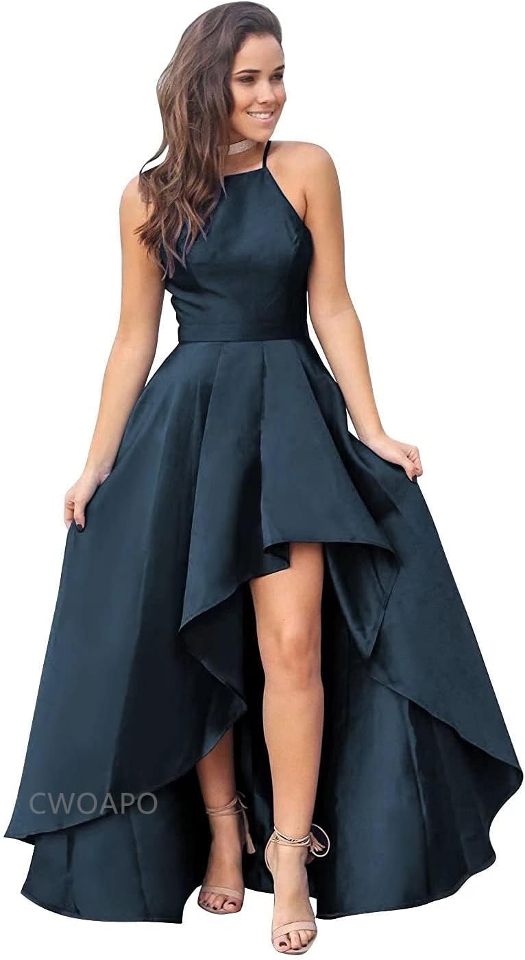 CWOAPO Halter High Low Bridesmaid Dress Evening Dress Satin Homecoming Dresses A Line Cocktail Gowns with Pockets