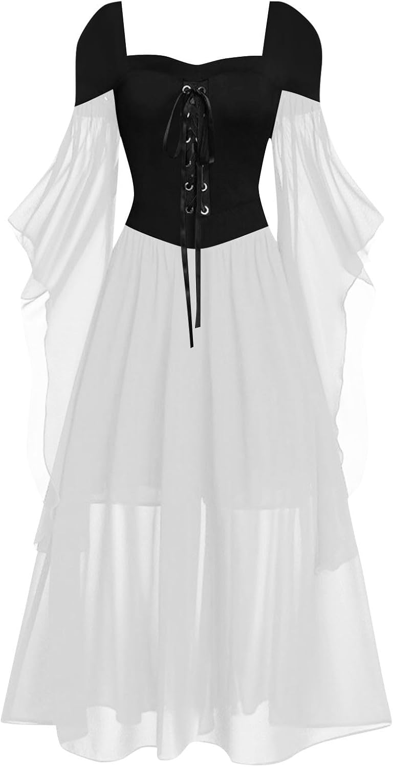 Women Casual Cold Shoulder Dress Solid Color Lace Butterfly Sleeve Halloween Retro Cocktail Party Gothic Prom Dress