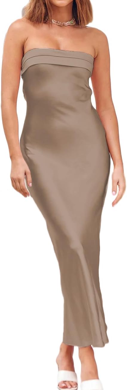 Realtix Satin Silk Backless Tube Tops Maxi Dress for Women Low Back Hollow Out Elegant Strapless Long Dresses Wedding Guest