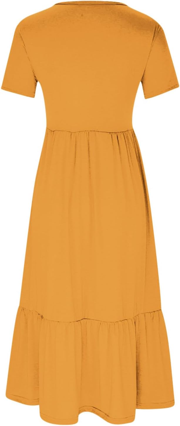 XUNRYAN Summer Dresses for Women 2024 Casual Calf Length Maxi Dress Pleated Flowy Tiered Swing Beach Sundress with Pockets
