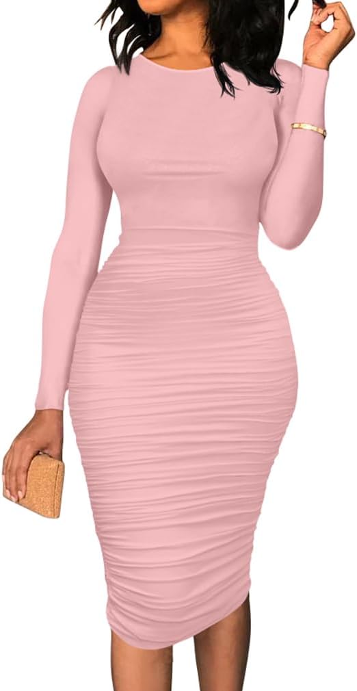 BEAGIMEG Women's Ruched Long Sleeve Elegant Bodycon Basic Casual Midi Dress