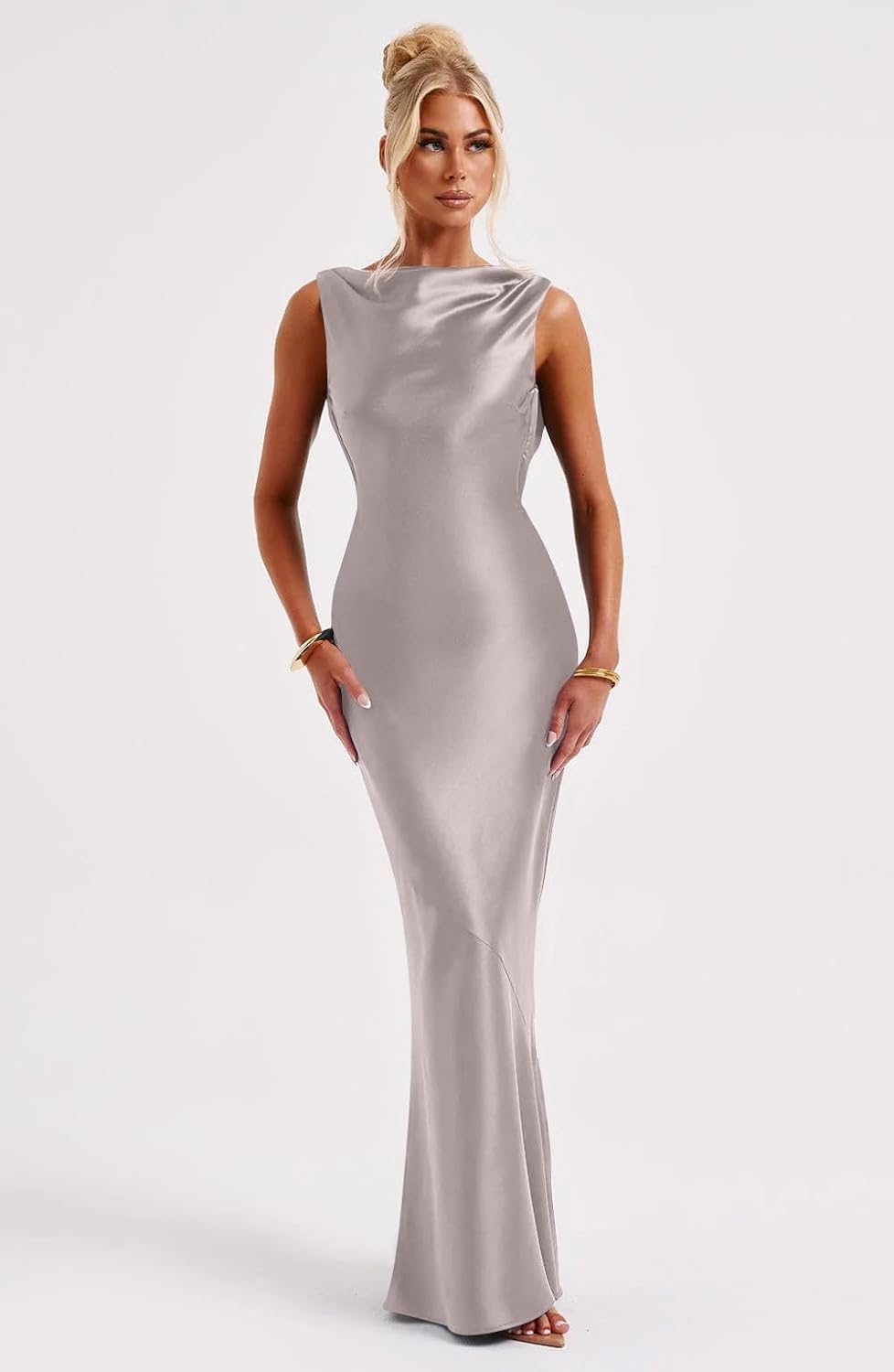 Memoriesea Women's Satin Elegant Sleeveless High Neck Tie Cocktail Party Maxi Dress