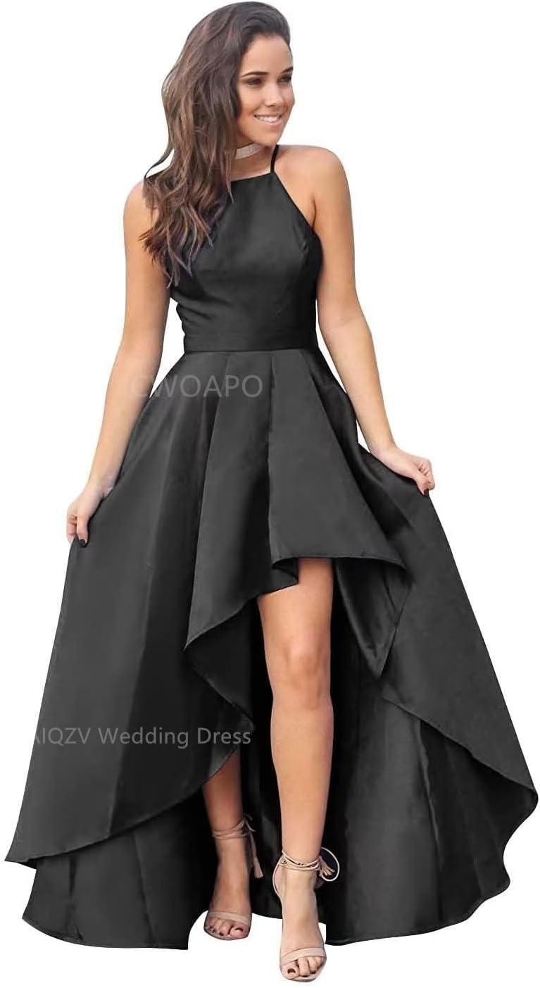 CWOAPO Halter High Low Bridesmaid Dress Evening Dress Satin Homecoming Dresses A Line Cocktail Gowns with Pockets