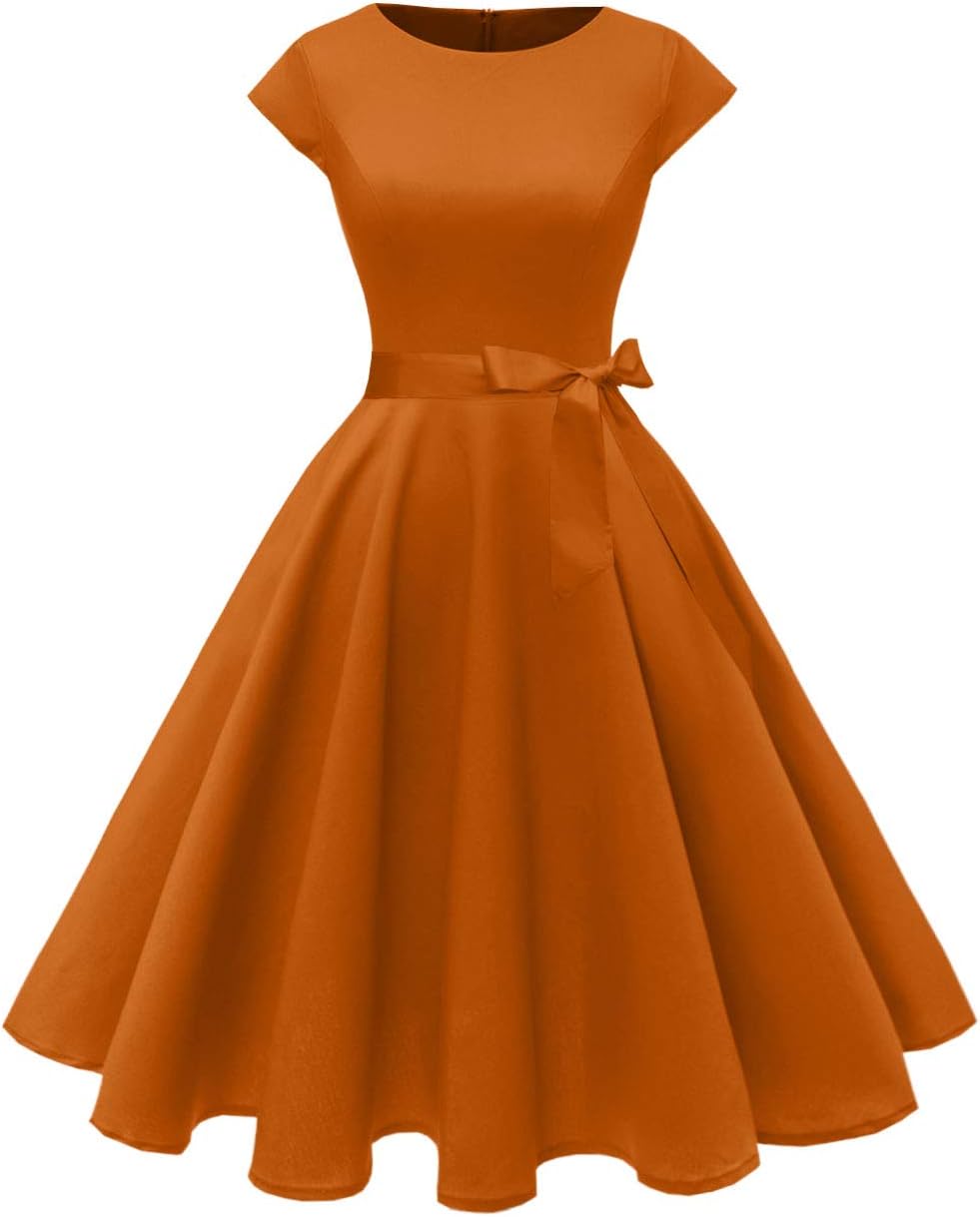 PUKAVT Women's 1950 Boatneck Cap Sleeve Vintage Swing Cocktail Party Dress with Pockets
