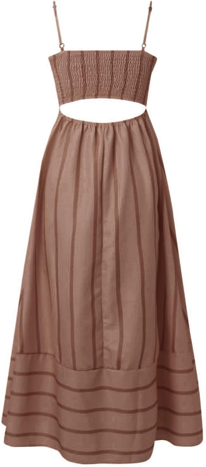 Beach Dresses for Women Summer Striped Back Smocked Maxi Dress Spaghetti Strap Cut Out Flowy A Line Long Sundresses