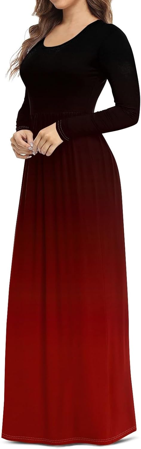 Long Sleeve Maxi Dress for Women Elegant Crew Neck Flowy Swing Dresses Solid Color Wedding Guest Dresses
