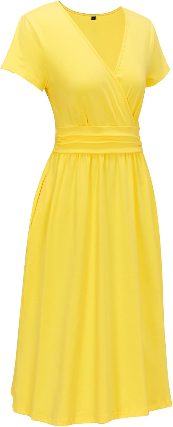 OUGES Women's Summer Short Sleeve V-Neck Floral Short Party Dress with Pockets