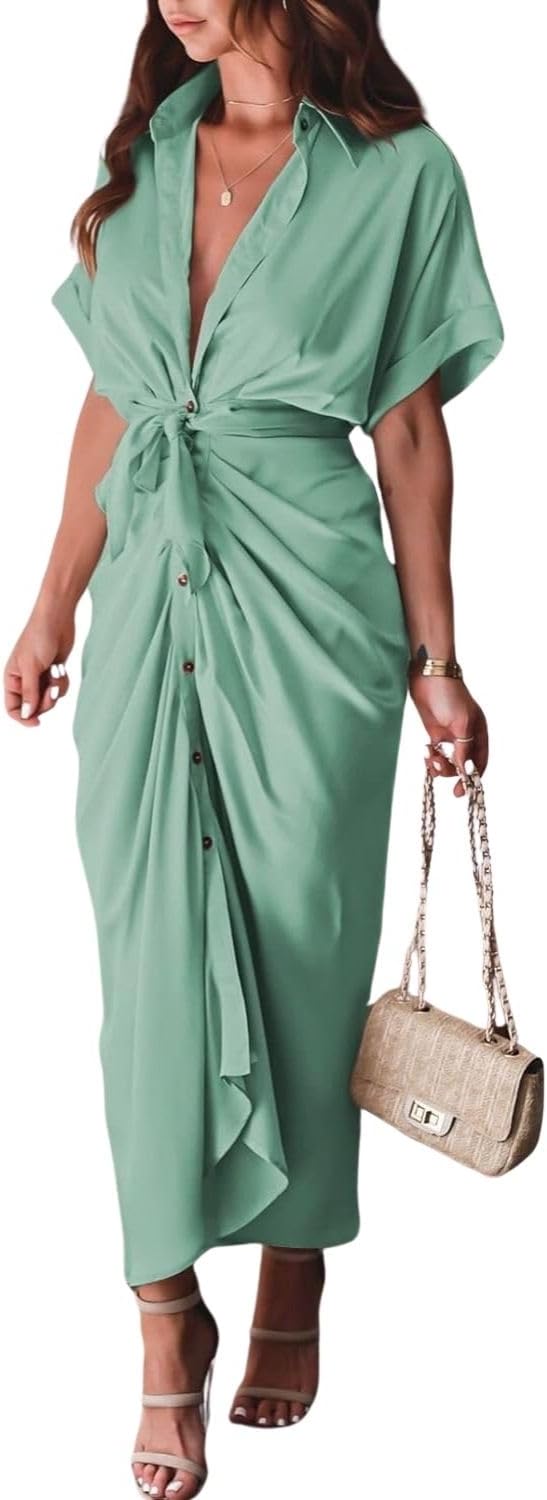 Women's Swing Classic Cute Maxi Ruched Breathable Shirt Dresses Bownot Slim Fitted Dress