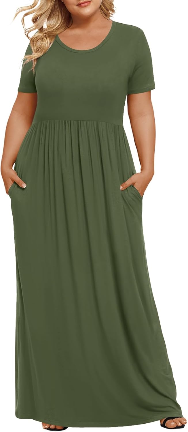 LONGYUAN Women's Plus Size Maxi Dresses for Curvy Women Summer Short Sleeve Casual 2025 Long Dress XL-6XL