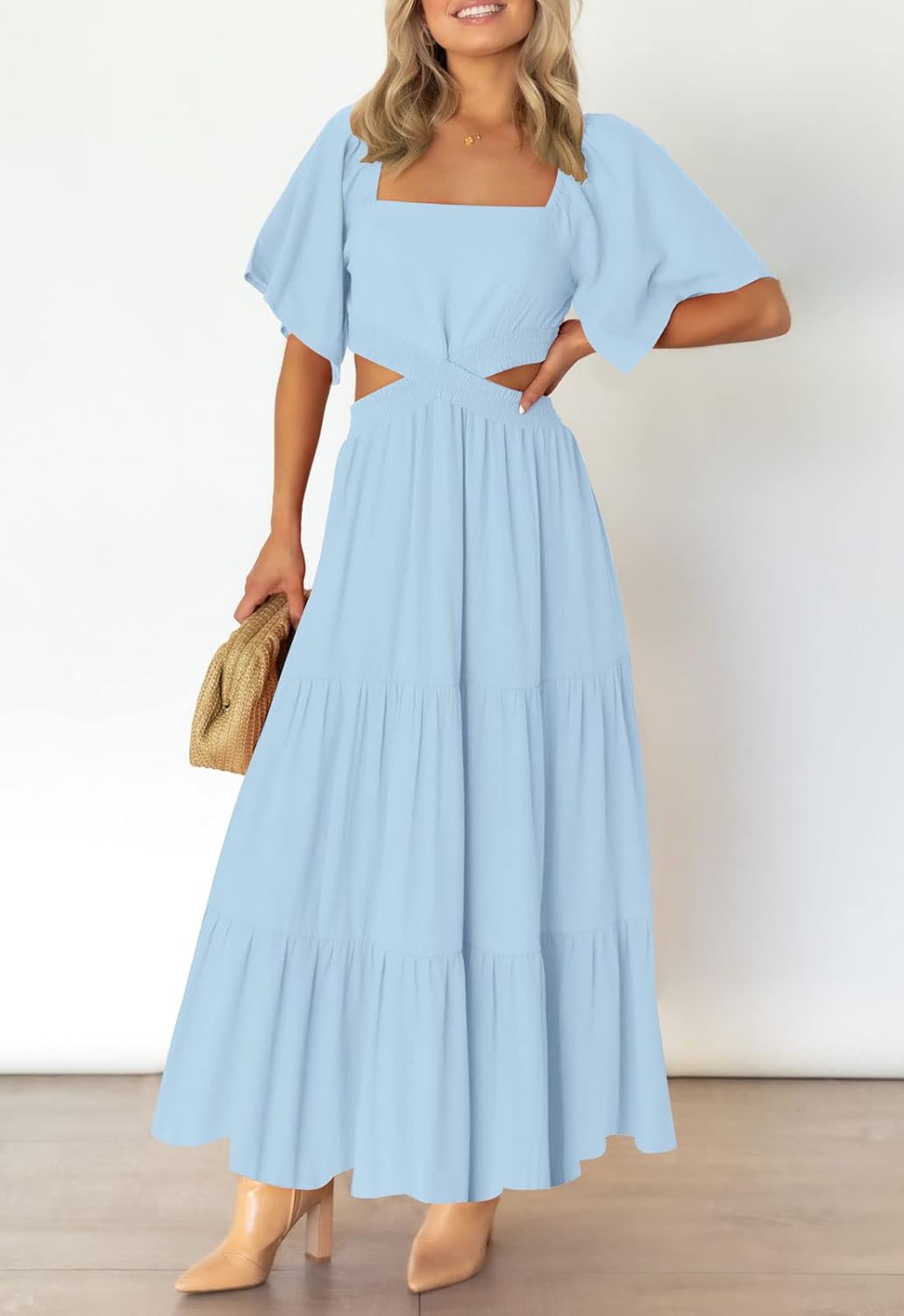 LEANI Women's 2025 Summer Cutout Maxi Dress Square Neck Short Sleeve Crossover Waist Casual Party Dresses