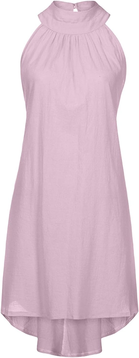 Sun Dresses for Women 2025 Vacation Halter Neck Solid Summer Casual Sundress Elegant Pleated High Low Mini Dresses