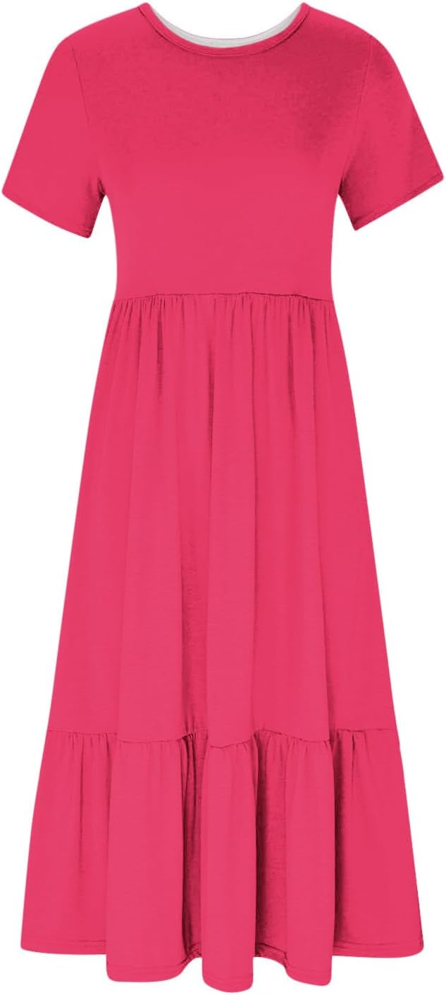 XUNRYAN Summer Dresses for Women 2024 Casual Calf Length Maxi Dress Pleated Flowy Tiered Swing Beach Sundress with Pockets