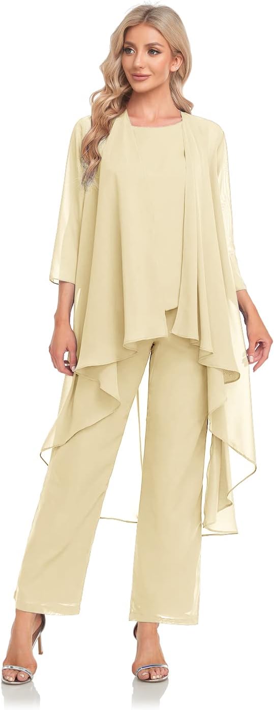 Women's 3 Pieces Chiffon Mother of The Bride Dress with Jacket Chiffon Formal Evening Dresses