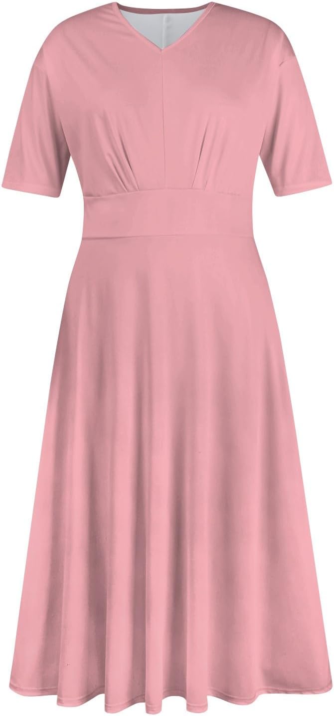 Women's Summer Elegant Cocktail Dress Solid Color Swing V-Neck Party Gown Dresses, S-2XL